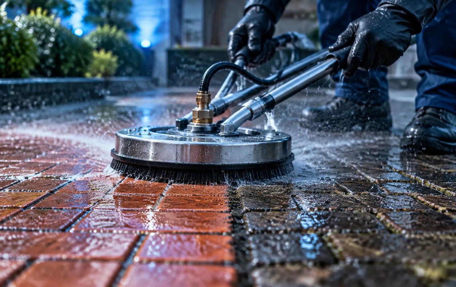 Rotary surface cleaner revealing clean red brick paving