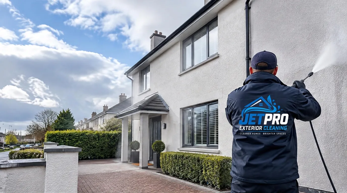 JETPRO worker in branded navy jacket jet washing the white render of a Dublin home