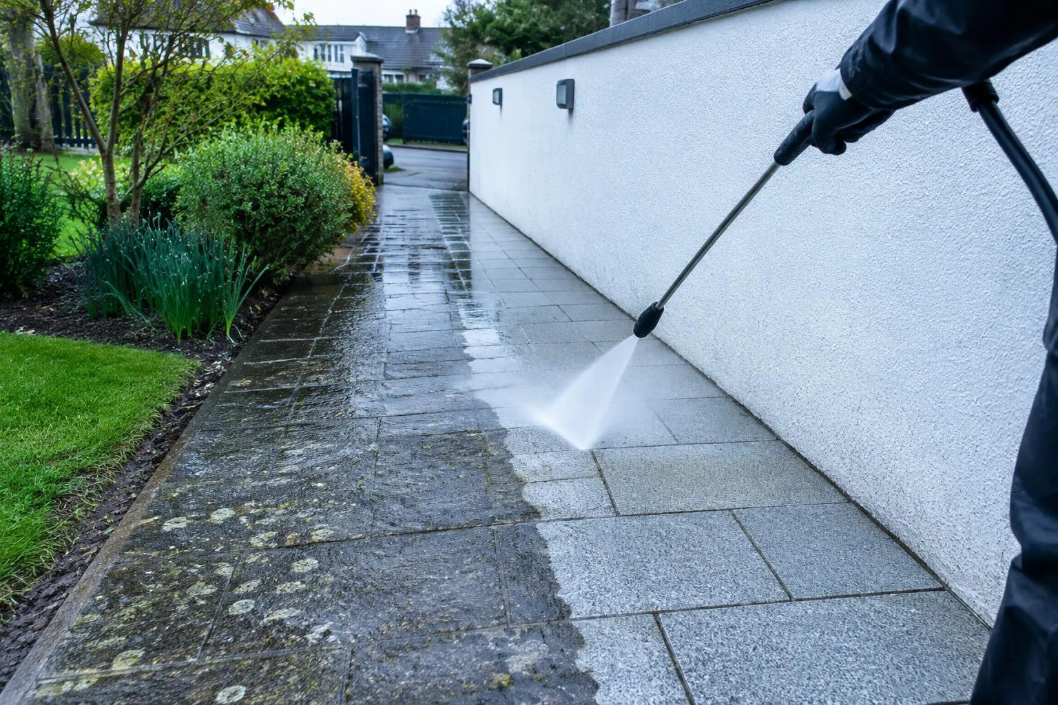 Gloved hand jet washing a granite garden path beside a white rendered wall, half the path visibly cleaner
